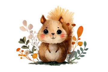 Adorable baby squirrel in autumn foliage
