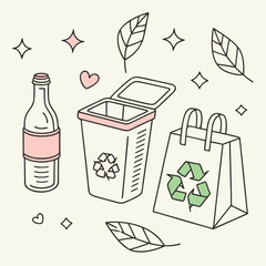 Minimal Flat Vector Illustrations of Recycling Bins, Eco Symbols, Electric Vehicles, Charging Stations, and Sustainable Energy for Green Living and Environmental Conservation