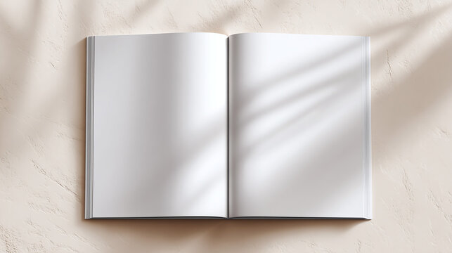 Open book with blank pages resting on a textured surface, bathed in soft light and shadows, perfect for customization and creative content.
