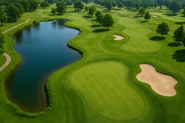 Scenic aerial perspective captures a serene golf course with lush green fairways and water features.