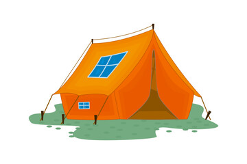 Camp tent on white background. Camping concept. Tourist orange camping tent, marquee campsite equipment in nature. Touristic shelter for traveling, fishing and hiking activities. Vector illustration