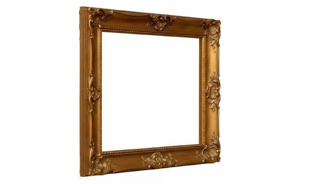 Ornate gold vintage empty picture frame with rococo details on a white background