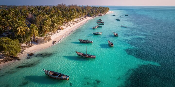Aerial Sunset View of Boats and White Sandy Beach in Zanzibar