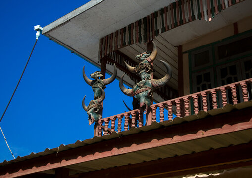 Buffalos and gaurs skulls on a chin house, Mindat, Myanmar