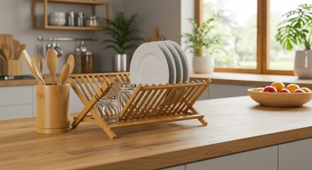 Fototapeta premium Bamboo Dish Rack and Utensil Holder on Modern Kitchen Counter