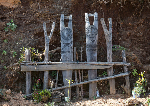 Y shape totems representing the animal sacrifices, Mindat, Myanmar