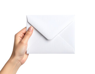 A Hand Holding A White Envelope Clearly Showing Details isolated on transparent background. PNG die-cut for advertising
