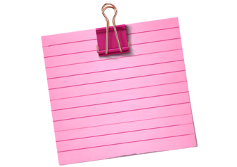 A pink lined note paper is held by a pink binder clip, isolated on transparent background