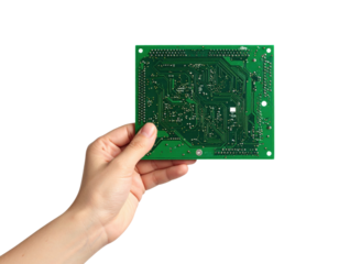 Hand holding a green printed circuit board with intricate electronic components visible isolated on transparent background. PNG die-cut for advertising