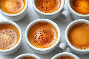 Espresso shots in small white cups, crema detail