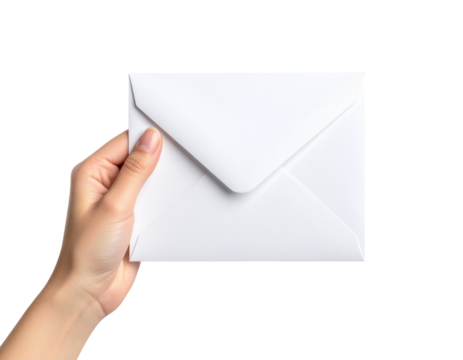 A Hand Holding A White Envelope Clearly Showing Details isolated on transparent background. PNG die-cut for advertising