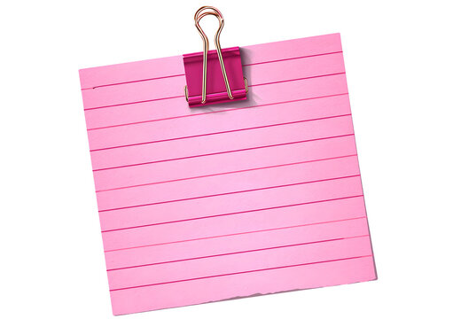 A pink lined note paper is held by a pink binder clip, isolated on transparent background