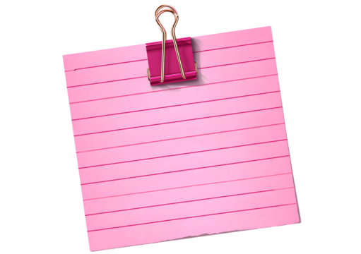 A pink lined note paper is held by a pink binder clip, isolated on transparent background