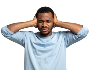 Young Black man covering ears with hands eyes closed in discomfort from noise isolated on transparent background. PNG die-cut for advertising