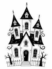 Halloween house with black and white illustration