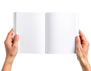 Hands Holding Open Blank White Pages Of A Book Or Magazine isolated on transparent background. PNG die-cut for advertising