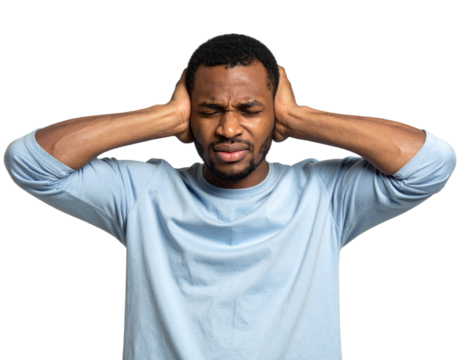 Young Black man covering ears with hands eyes closed in discomfort from noise isolated on transparent background. PNG die-cut for advertising - Powered by Adobe