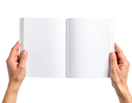 Hands Holding Open Blank White Pages Of A Book Or Magazine isolated on transparent background. PNG die-cut for advertising