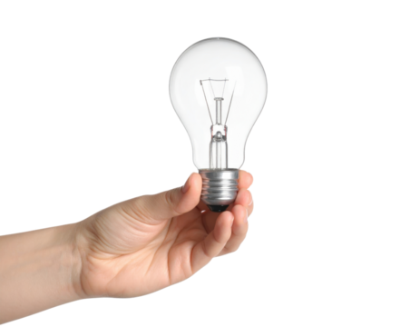 Hand Holding A Clear Incandescent Light Bulb With A isolated on transparent background. PNG die-cut for advertising - Powered by Adobe