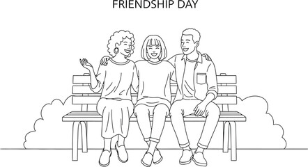 Vector art of a heartwarming illustration of friendship day featuring three friends sitting together on a bench