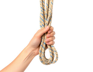 Hand holding thick coiled beige and blue rope isolated on transparent background. PNG die-cut for advertising