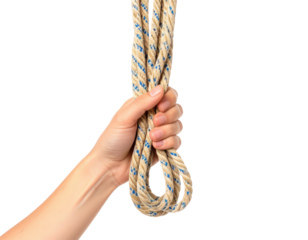 Hand holding thick coiled beige and blue rope isolated on transparent background. PNG die-cut for advertising