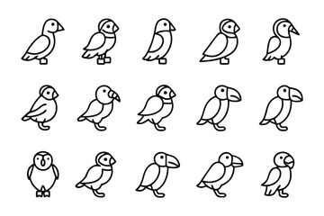 Puffin Line Art Collection: A meticulously crafted line art illustration of puffins, showcasing a range of dynamic poses and expressions, perfectly embodying the charm of these unique sea birds.