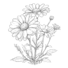 Modern line art illustrations of daisy flowers and chamomile, suitable for use in cards, invitations, prints, decor, and packaging designs