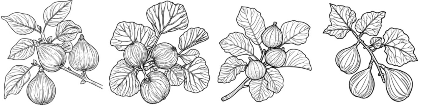 The branch of a fig fruit is depicted in a line sketch style drawing, which is a hand drawn modern illustration