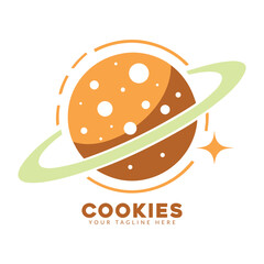 Whimsical cartoon planet resembling a delicious chocolate chip cookie with a glowing green ring and sparkling stars perfect for branding sweet treats and cosmic adventures