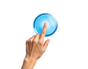 Female Finger Pressing Glowing Blue Button With Light Effects isolated on transparent background. PNG die-cut for advertising