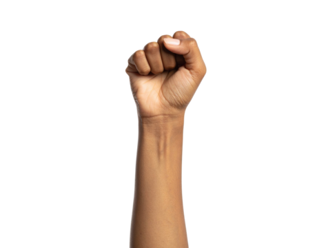 Close Up Of A Black Person'S Raised Fist Symbolizing Power And Resistance isolated on transparent background. PNG die-cut for advertising