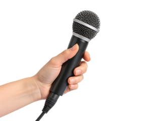 Hand holding a professional black microphone with metallic grille isolated on transparent background. PNG die-cut for advertising