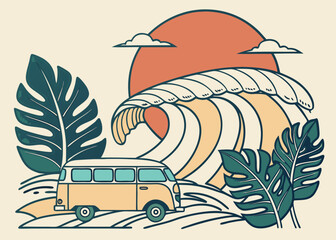 Vintage Summer Beach Van Illustration with Tropical Leaves, Ocean Waves, and Setting Sun in Retro Minimalist Style