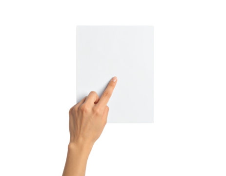 Woman'S Hand With Pointing Finger Touching A Blank White Paper isolated on transparent background. PNG die-cut for advertising