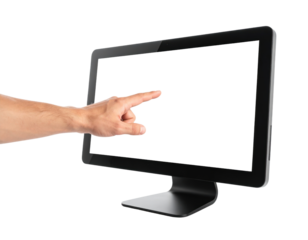 Human hand touching the black screen of a modern computer monitor with a blank display isolated on transparent background. PNG die-cut for advertising