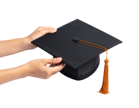 Two Hands Hold A Black Graduation Cap With An Orange Tassel isolated on transparent background. PNG die-cut for advertising
