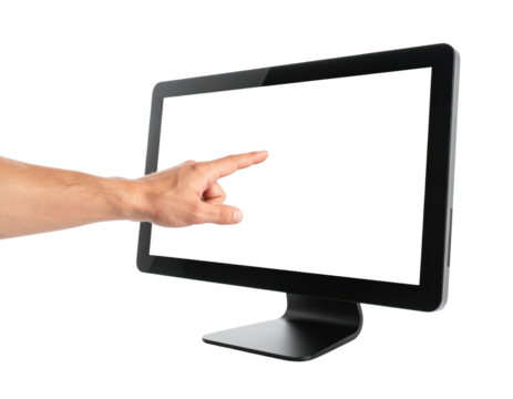 Human hand touching the black screen of a modern computer monitor with a blank display isolated on transparent background. PNG die-cut for advertising