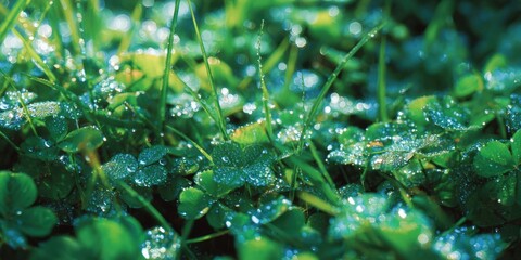 Close-Up of Dew-Kissed Clover and Grass Blades