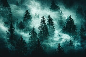 Misty mountain forest at night. Silhouettes of evergreen trees emerge from a swirling teal-toned fog