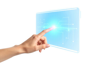 Human hand touching a glowing futuristic digital interface screen with abstract network lines isolated on transparent background. PNG die-cut for advertising