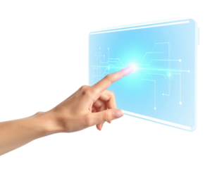 Human hand touching a glowing futuristic digital interface screen with abstract network lines isolated on transparent background. PNG die-cut for advertising