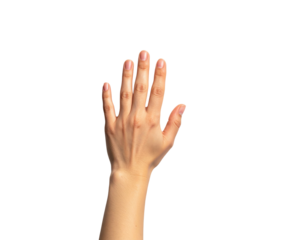 A Person'S Open Left Hand Raised With Fingers Spread isolated on transparent background. PNG die-cut for advertising