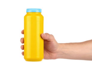 A Person'S Hand Holds A Bright Yellow Bottle With A Light Blue Cap isolated on transparent background. PNG die-cut for advertising