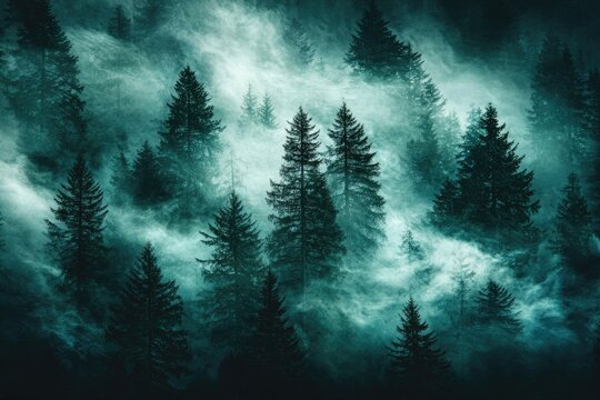 Misty mountain forest at night. Silhouettes of evergreen trees emerge from a swirling teal-toned fog