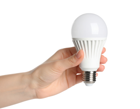 Hand Holding A White Led Light Bulb With A Metal Screw Base isolated on transparent background. PNG die-cut for advertising