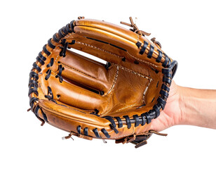 A baseball catcher's mitt made of brown leather is held open by a hand isolated on transparent background. PNG die-cut for advertising