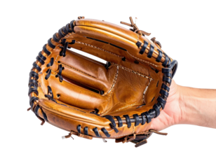 A baseball catcher's mitt made of brown leather is held open by a hand isolated on transparent background. PNG die-cut for advertising