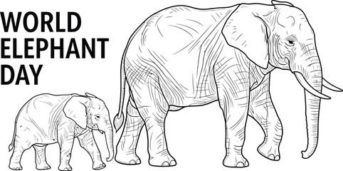 Obraz premium Vector art of a sketch of an adult and baby elephant for world elephant day, promoting conservation and awareness