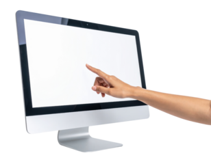 Human finger touching a blank white computer screen with a sleek silver stand isolated on transparent background. PNG die-cut for advertising